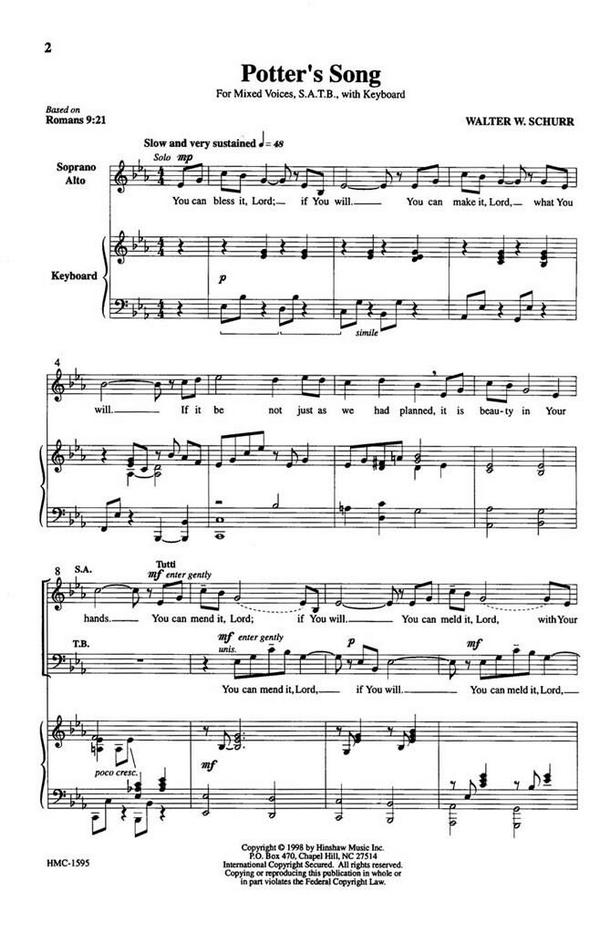 Walter W. Schurr, Potter's Song&nbsp;&nbsp;SATTB, Keyboard&nbsp;&nbsp;Chorpartitur
