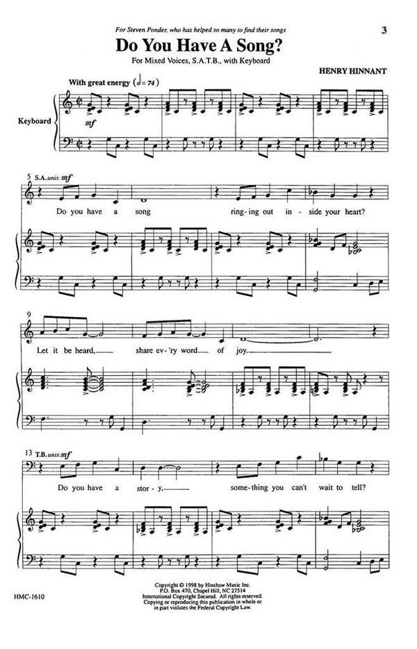 Henry Hinnant, Do You Have A Song?&nbsp;&nbsp;SATB, Piano&nbsp;&nbsp;Chorpartitur