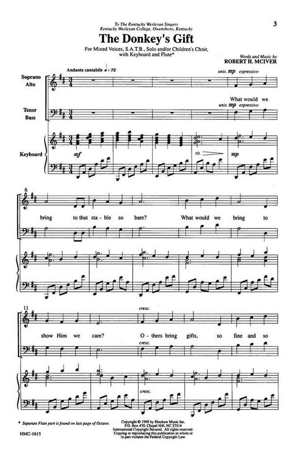 Robert H. McIver, The Donkey's Gift&nbsp;&nbsp;SATB, Keyboard and Flute&nbsp;&nbsp;Chorpartitur