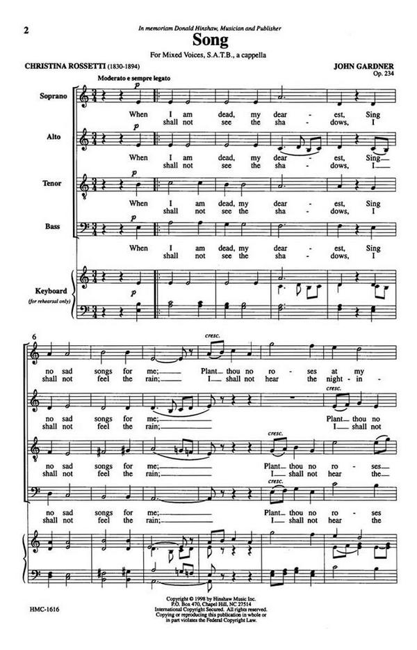 John Gardner, Song&nbsp;&nbsp;SATB a Cappella&nbsp;&nbsp;Chorpartitur