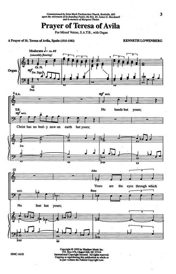Kenneth Lowenberg, Prayer Of Teresa Of Avila&nbsp;&nbsp;SATB and Organ&nbsp;&nbsp;Chorpartitur