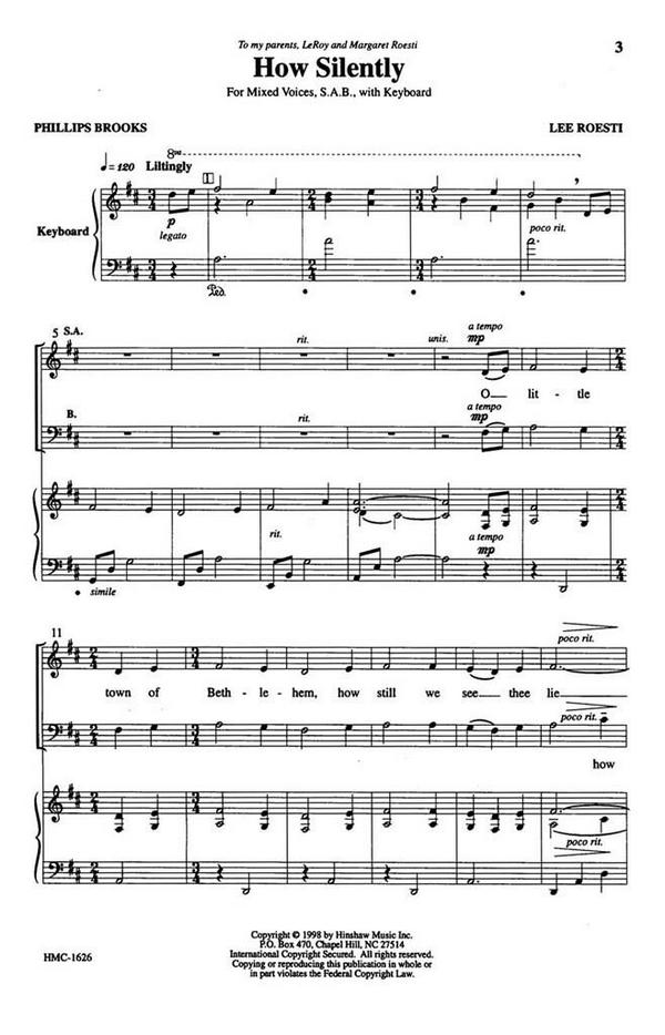 Lee Roesti, How Silently&nbsp;&nbsp;SAB and Keyboard&nbsp;&nbsp;Chorpartitur