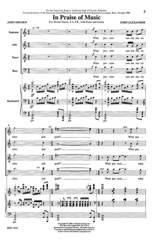 John Alexander, In Praise Of Music&nbsp;&nbsp;SATB, Piano&nbsp;&nbsp;Chorpartitur
