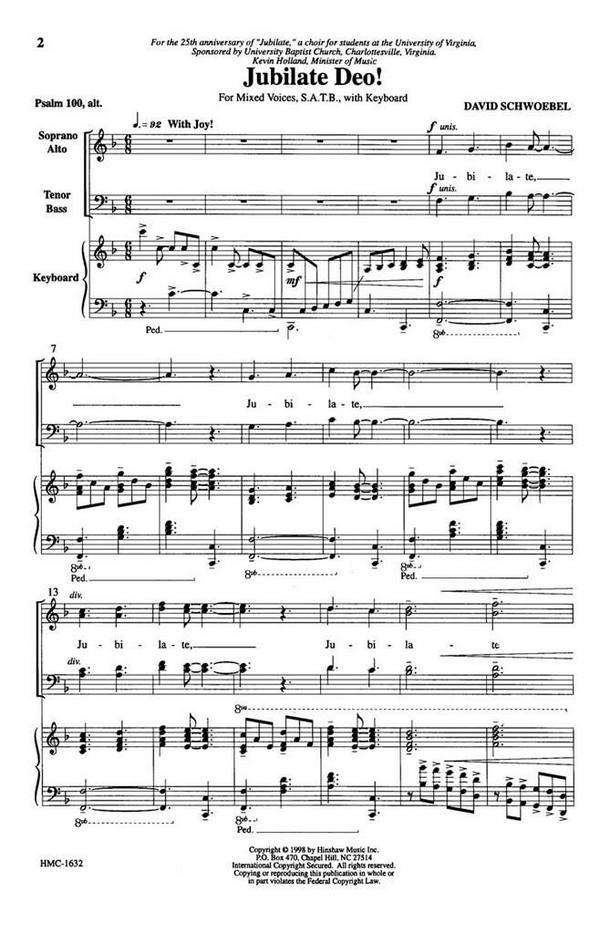 David Schwoebel, Jubilate Deo!&nbsp;&nbsp;SATB and Keyboard&nbsp;&nbsp;Chorpartitur