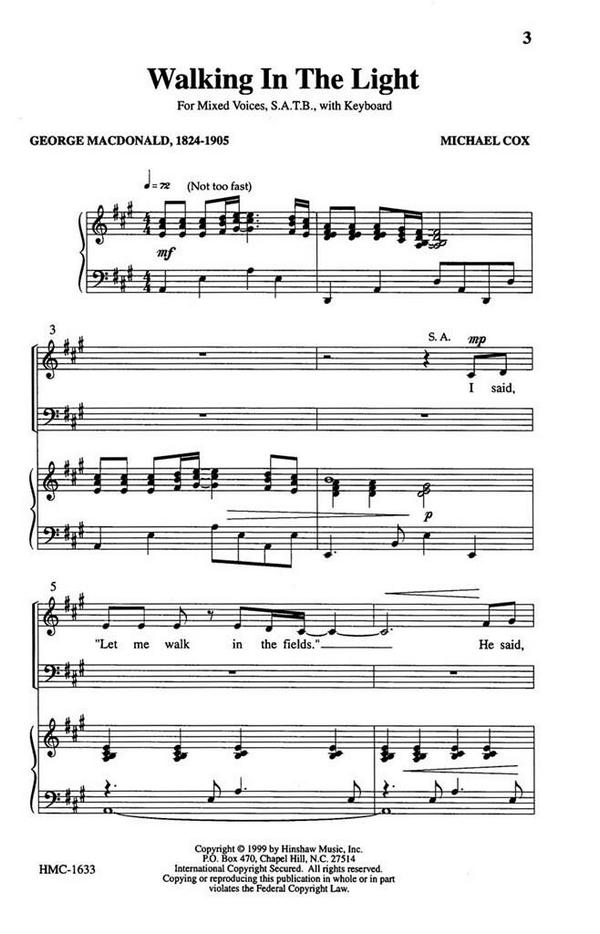 Michael Cox, Walking In The Light&nbsp;&nbsp;SATB and Keyboard&nbsp;&nbsp;Chorpartitur