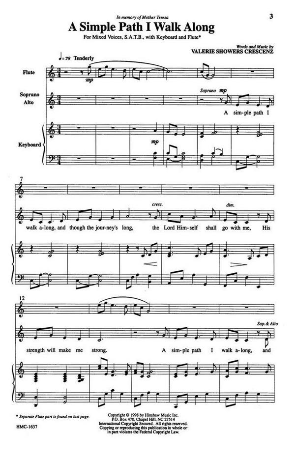 Valerie J. Crescenz, A Simple Path I Walk Along&nbsp;&nbsp;SATB and Keyboard&nbsp;&nbsp;Chorpartitur