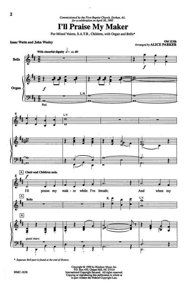 I'll Praise My Maker&nbsp;&nbsp;SATB, Treble Choir [or Children], Organ and Handbells&nbsp;&nbsp;Chorpartitur