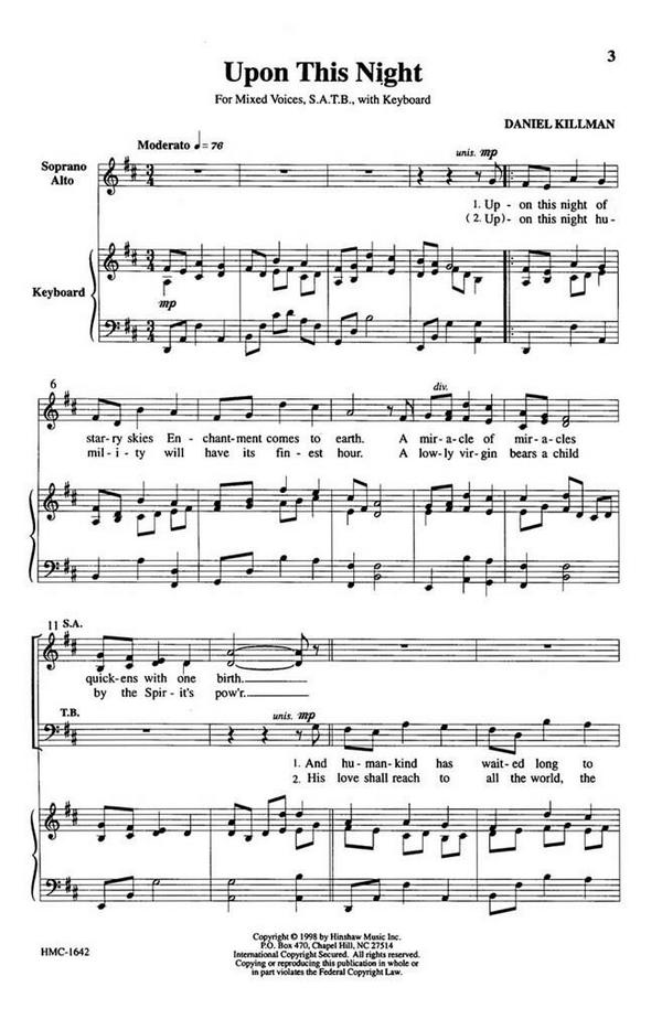 Daniel Killman, Upon This Night&nbsp;&nbsp;SATB and Keyboard&nbsp;&nbsp;Chorpartitur