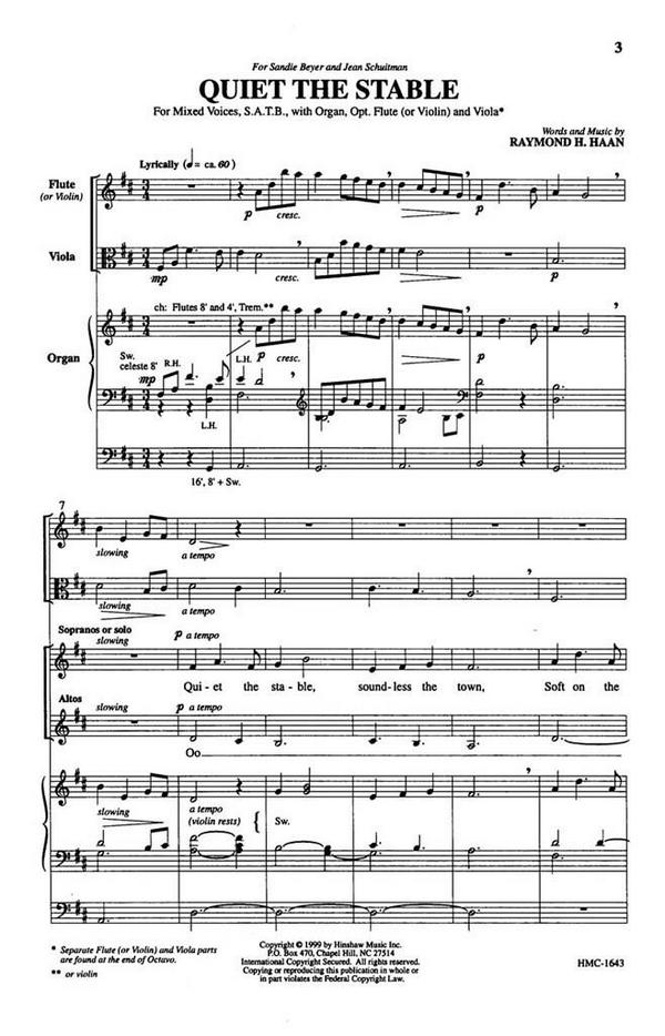 Raymond Haan, Quiet The Stable&nbsp;&nbsp;SATB, Organ, Optional Violin Or Flute&nbsp;&nbsp;Chorpartitur