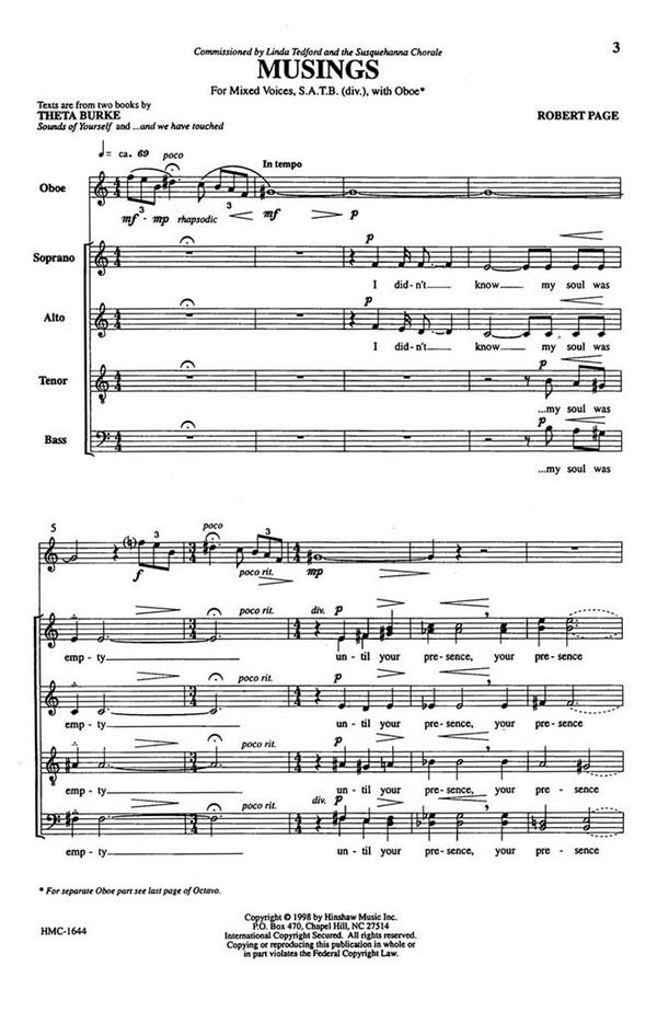 Robert Page, Musings&nbsp;&nbsp;SATB Divisi, Oboe&nbsp;&nbsp;Chorpartitur