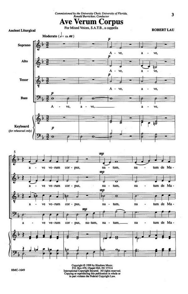 Robert Lau, Ave Verum Corpus&nbsp;&nbsp;SATB a Cappella&nbsp;&nbsp;Chorpartitur