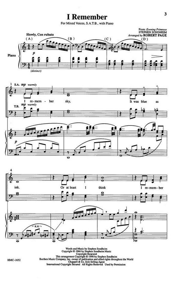 Steven Sondheim, I Remember&nbsp;&nbsp;SATB, Piano&nbsp;&nbsp;Chorpartitur