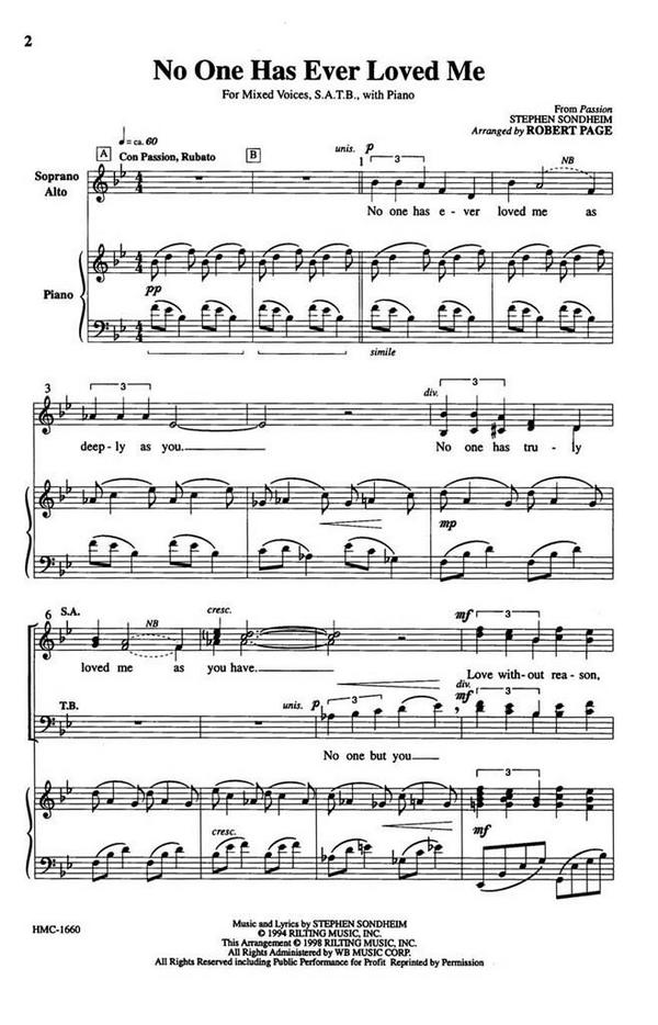 Steven Sondheim, No One Has Ever Loved Me&nbsp;&nbsp;SATB, Piano&nbsp;&nbsp;Chorpartitur