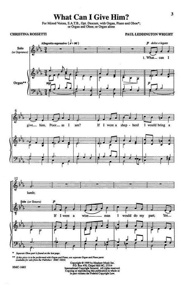 Paul Leddington Wright, What Can I Give Him?&nbsp;&nbsp;SATB and Organ&nbsp;&nbsp;Chorpartitur