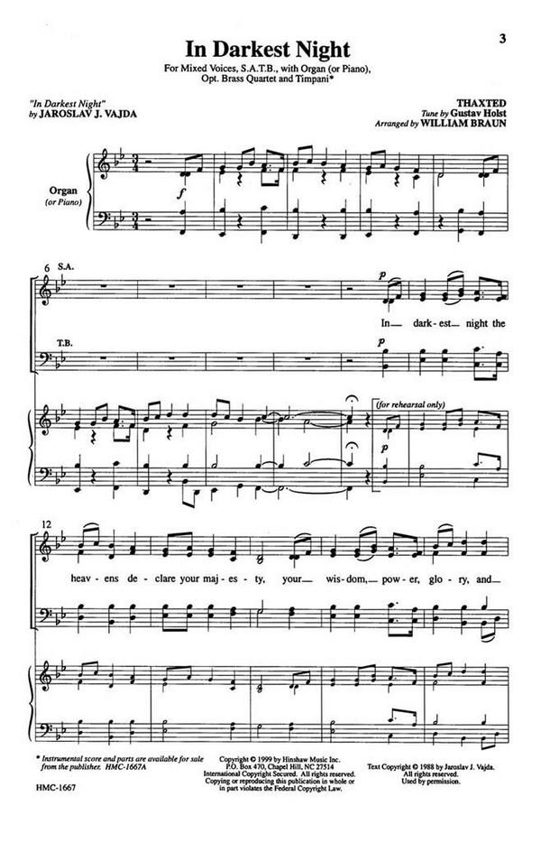 Gustav Holst, In Darkest Night&nbsp;&nbsp;SATB and Keyboard&nbsp;&nbsp;Chorpartitur