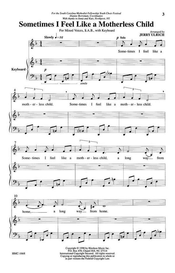 Sometimes I Feel Like A Motherless Child&nbsp;&nbsp;SAB and Keyboard&nbsp;&nbsp;Chorpartitur