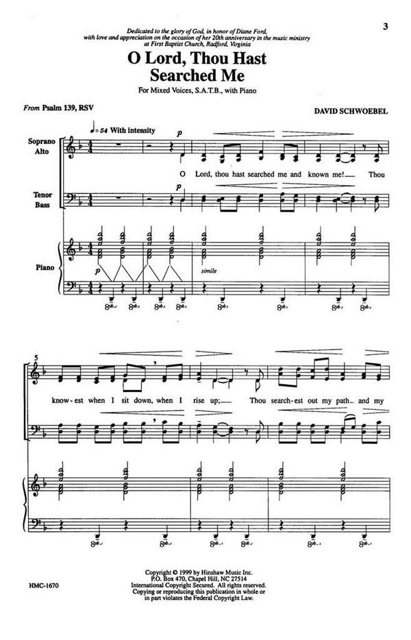 David Schwoebel, O Lord, Thou Hast Searched Me&nbsp;&nbsp;SATB, Piano&nbsp;&nbsp;Chorpartitur