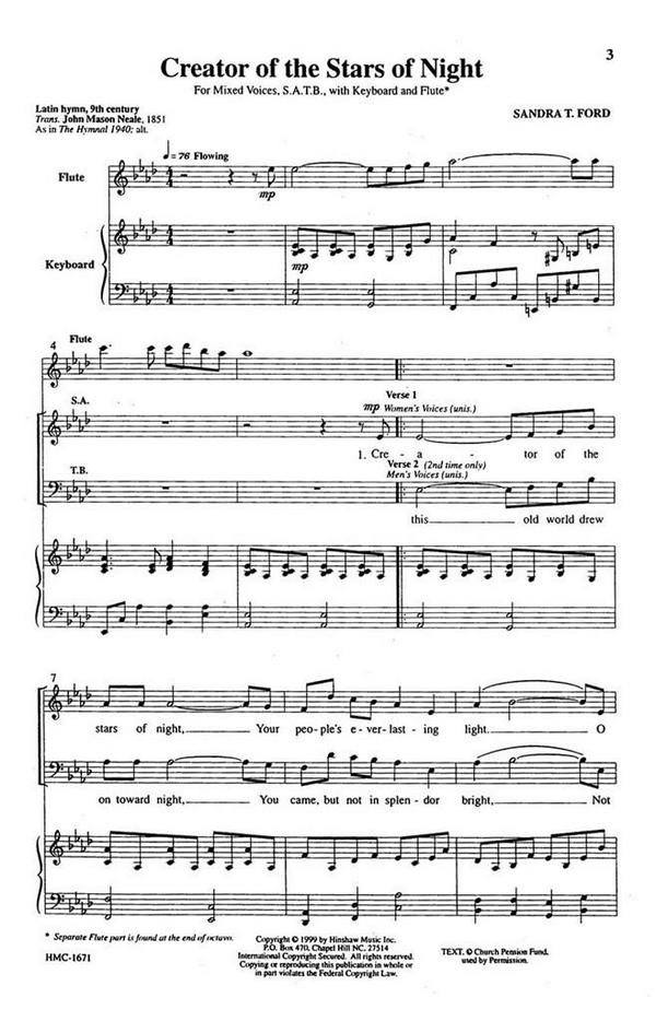 Sandra T. Ford, Creator Of The Stars Of Night&nbsp;&nbsp;SATB, Keyboard and Flute&nbsp;&nbsp;Chorpartitur