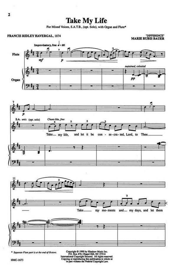 Marie Rubis Bauer, Take My Life&nbsp;&nbsp;SATB, Organ and Flute&nbsp;&nbsp;Chorpartitur