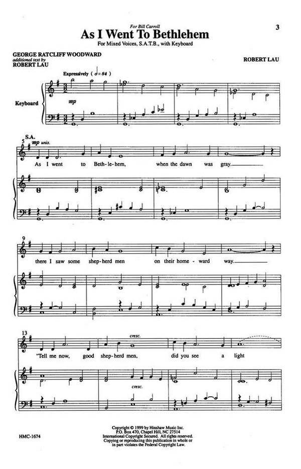 Robert Lau, As I Went To Bethlehem&nbsp;&nbsp;SATB and Keyboard&nbsp;&nbsp;Chorpartitur