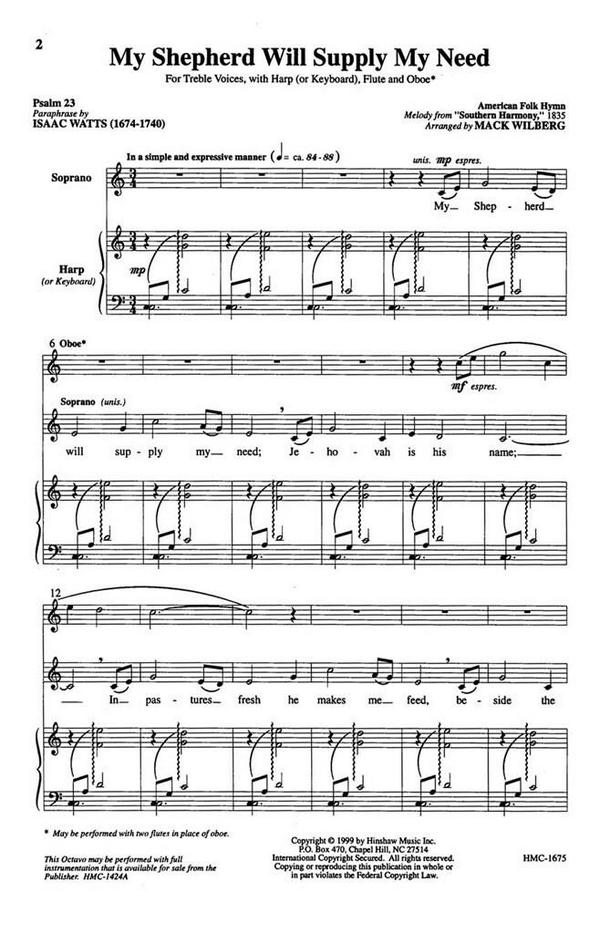 My Shepherd Will Supply My Need&nbsp;&nbsp;SA, Divisi, Keyboard Or Harp&nbsp;&nbsp;Chorpartitur