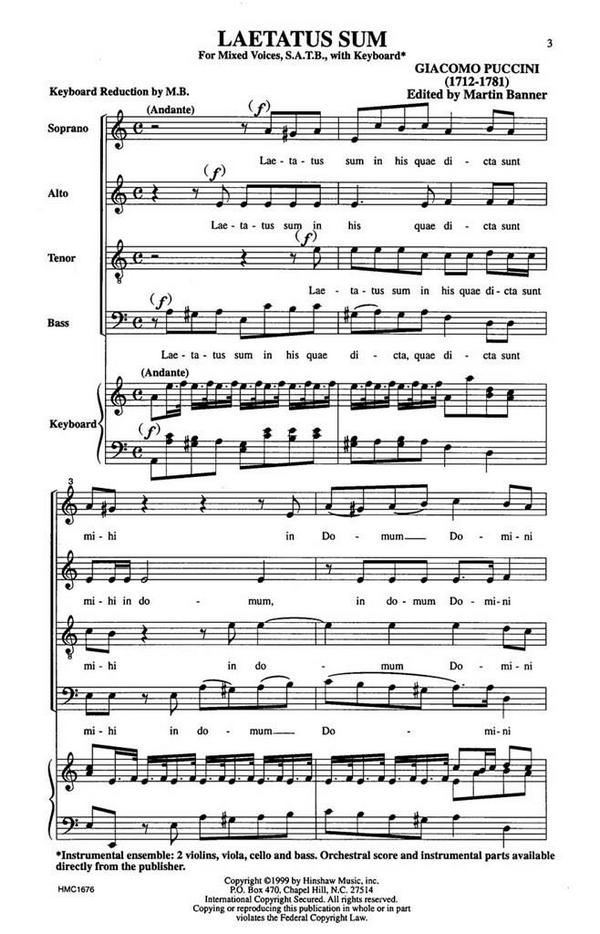 Giacomo Puccini, Laetatus Sum&nbsp;&nbsp;SATB and Keyboard&nbsp;&nbsp;Chorpartitur