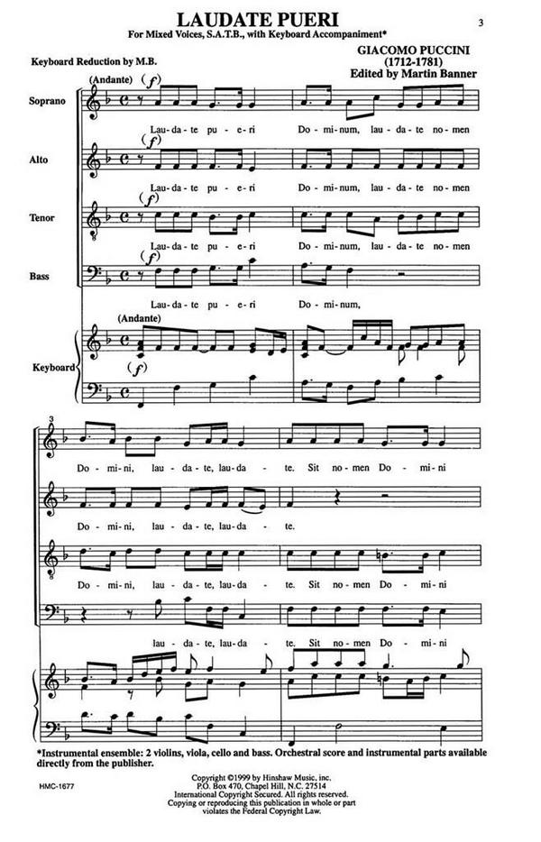 Giacomo Puccini, Laudate Pueri&nbsp;&nbsp;SATB and Keyboard&nbsp;&nbsp;Chorpartitur