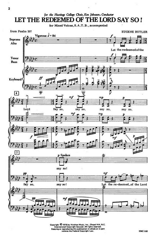 Eugene Butler, Let The Redeemed Of The Lord Say So!&nbsp;&nbsp;SATB and Keyboard&nbsp;&nbsp;Chorpartitur