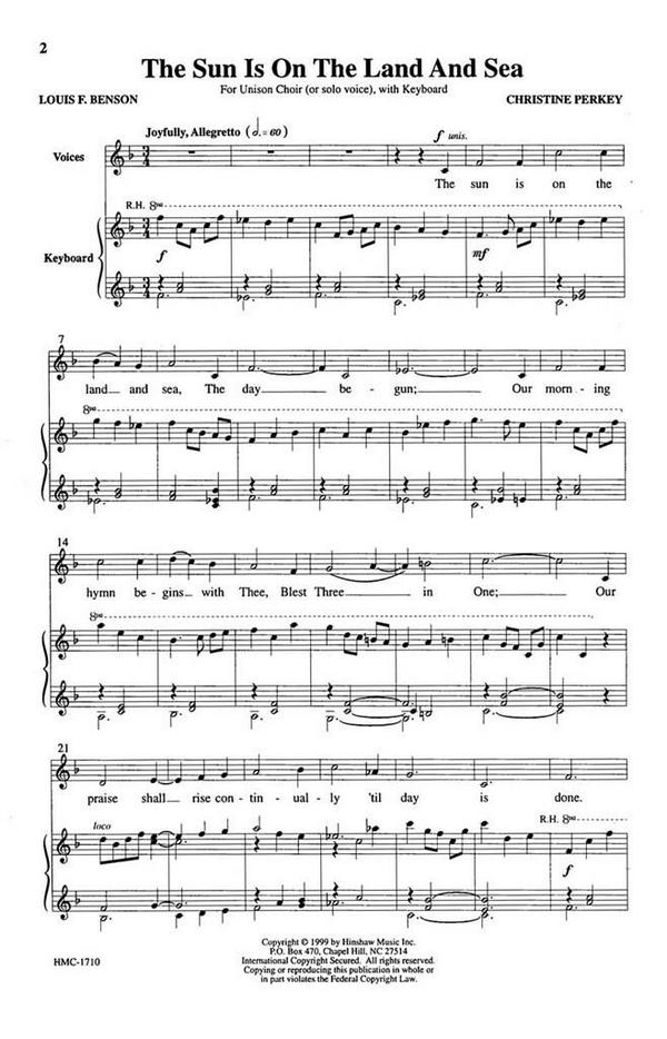 Christine Perkey, The Sun Is On The Land And Sea&nbsp;&nbsp;Unison, Keyboard&nbsp;&nbsp;Chorpartitur