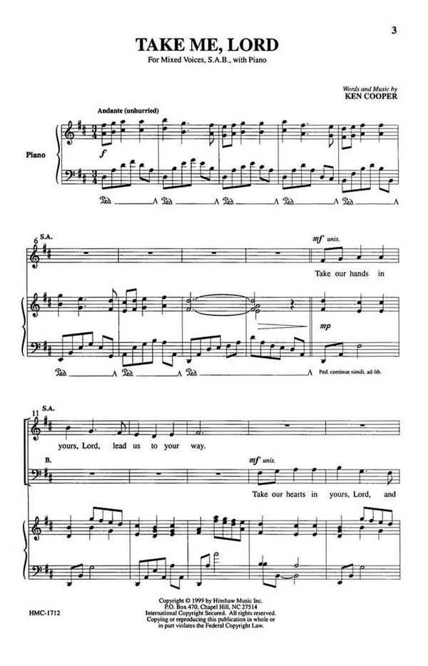 Ken Cooper, Take Me, Lord&nbsp;&nbsp;SAB, Piano&nbsp;&nbsp;Chorpartitur
