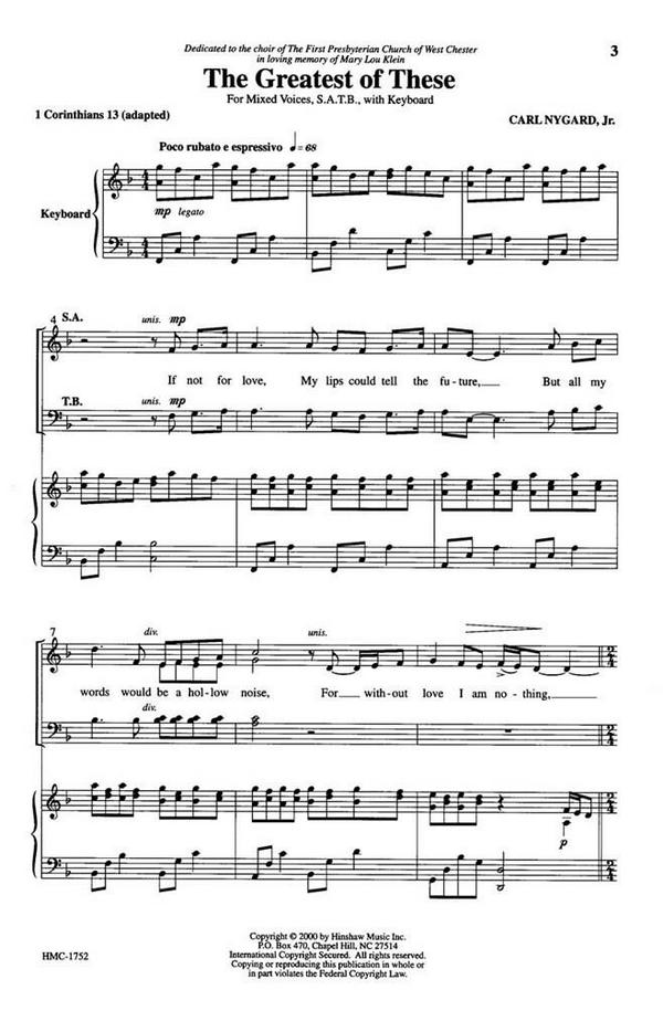 Carl Nygard, The Greatest Of These&nbsp;&nbsp;SATB and Keyboard&nbsp;&nbsp;Chorpartitur