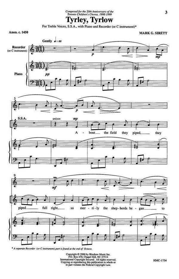 Dr. Mark Sirett, Tyrley, Tyrlow&nbsp;&nbsp;SSA, Piano and Recorder&nbsp;&nbsp;Chorpartitur