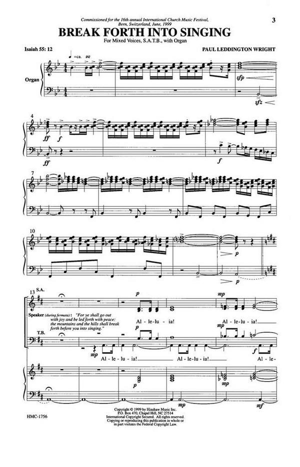 Paul Leddington Wright, Break Forth Into Singing&nbsp;&nbsp;SATB and Organ&nbsp;&nbsp;Chorpartitur