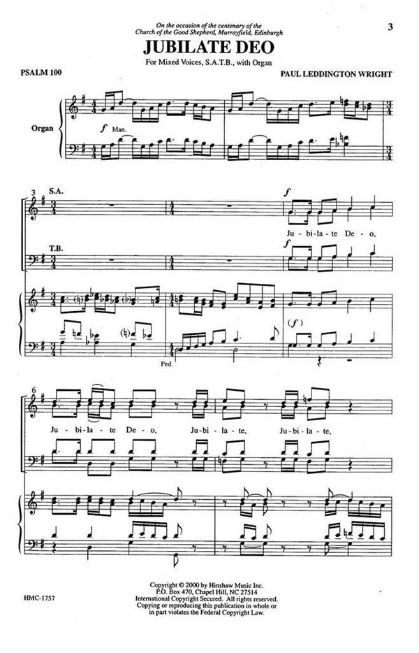 Paul Leddington Wright, Jubilate Deo&nbsp;&nbsp;SATB and Organ&nbsp;&nbsp;Chorpartitur