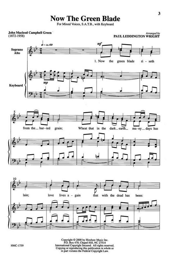 Paul Leddington Wright, Now The Green Blade&nbsp;&nbsp;SATB and Keyboard&nbsp;&nbsp;Chorpartitur