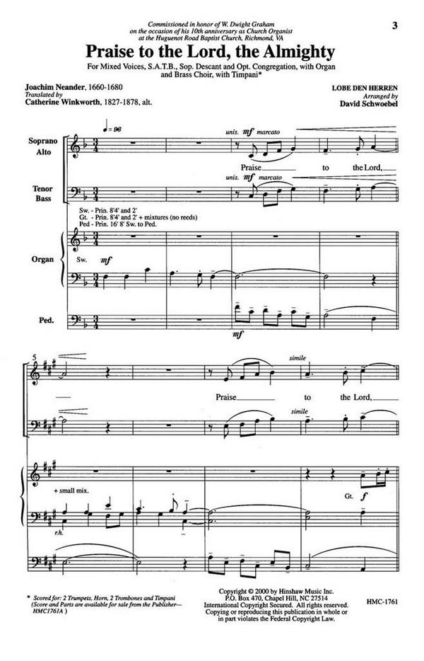 Praise To The Lord The Almighty&nbsp;&nbsp;SATB Optional Congregation, Organ&nbsp;&nbsp;Chorpartitur