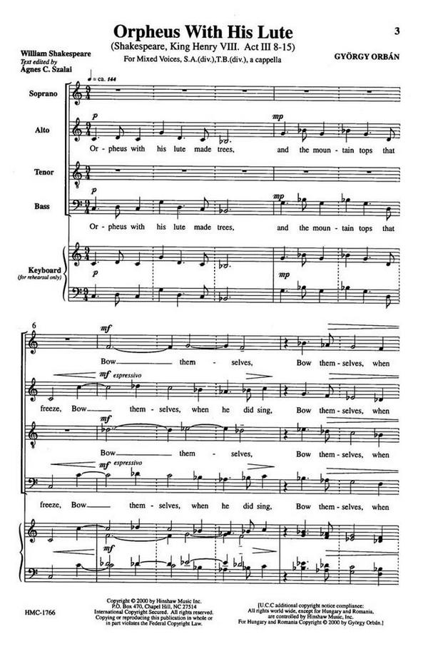 György Orbán, Orpheus With His Lute (Lanthur Ha Szol)&nbsp;&nbsp;SSATB a Cappella&nbsp;&nbsp;Chorpartitur