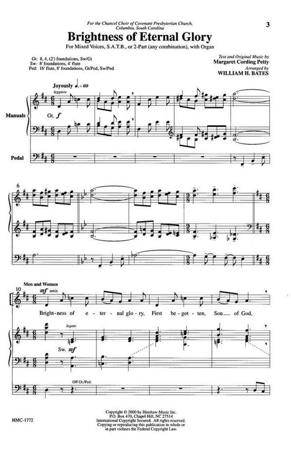 Margaret Petty, Brightness Of Eternal Glory&nbsp;&nbsp;SATB or 2-Part, any combination, Organ&nbsp;&nbsp;Chorpartitur