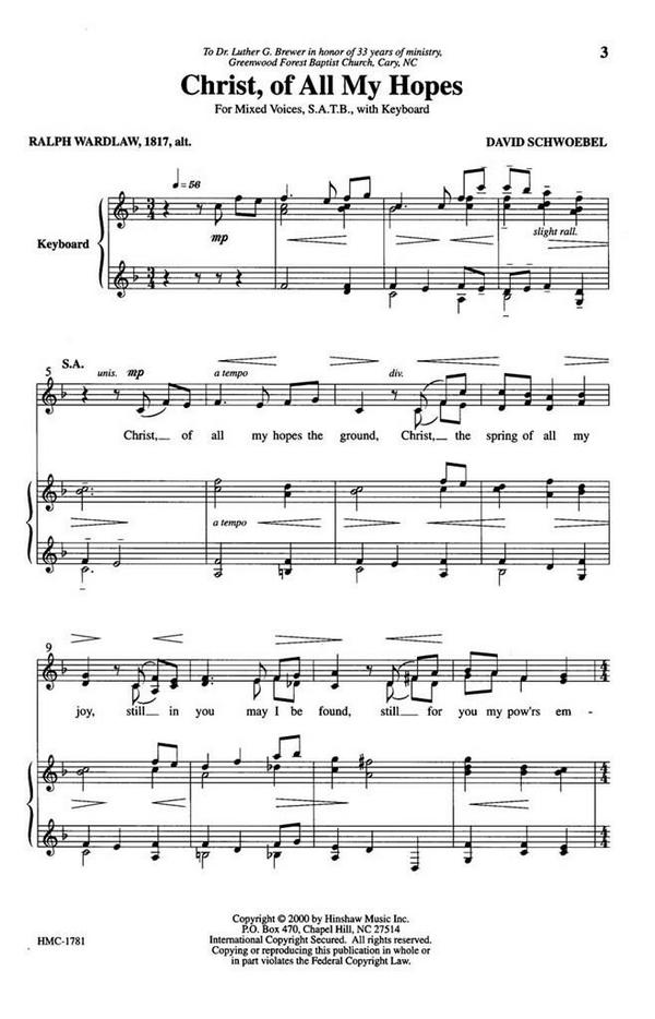 David Schwoebel, Christ, Of All My Hopes&nbsp;&nbsp;SATB and Keyboard&nbsp;&nbsp;Chorpartitur