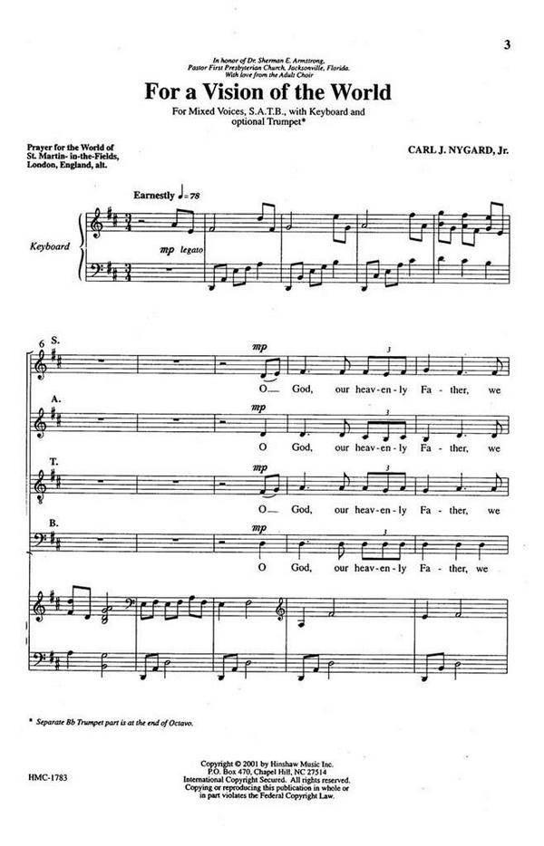 Carl Nygard, For A Vision Of The World&nbsp;&nbsp;SATB and Keyboard&nbsp;&nbsp;Chorpartitur