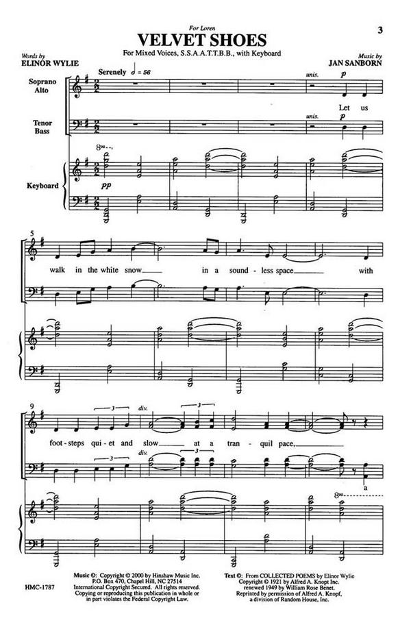 Jan Sanborn, Velvet Shoes&nbsp;&nbsp;SSAATTBB, Piano&nbsp;&nbsp;Chorpartitur