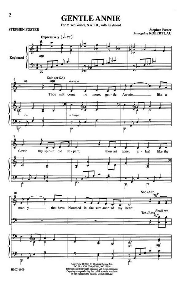 Stephen Foster, Gentle Annie&nbsp;&nbsp;SATB, Piano&nbsp;&nbsp;Chorpartitur