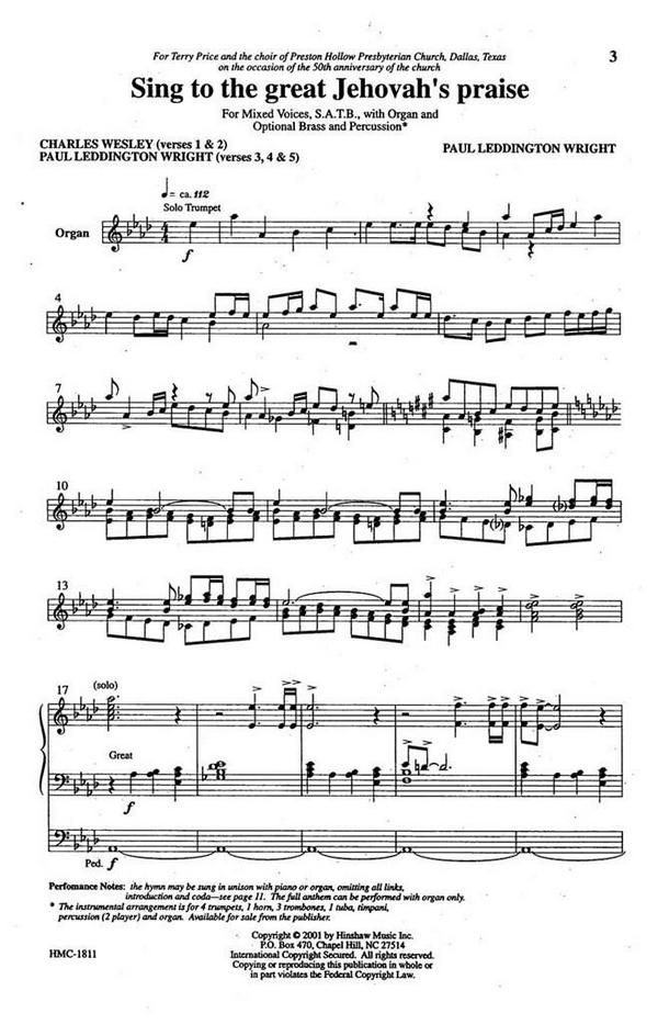 Paul Leddington Wright, Sing To The Great Jehovah's Praise&nbsp;&nbsp;SATB and Organ&nbsp;&nbsp;Chorpartitur