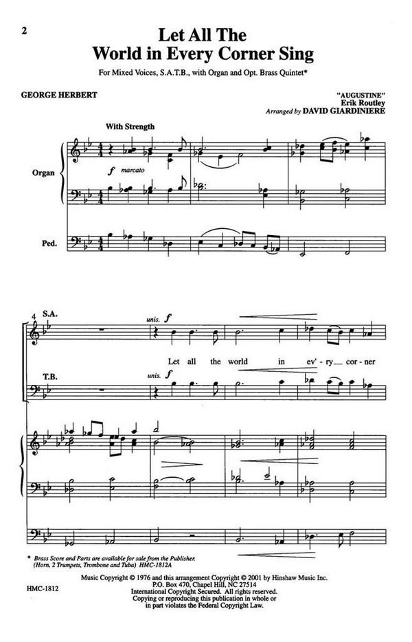 Erik Routley, Let All The World In Every Corner Sing&nbsp;&nbsp;SATB and Organ&nbsp;&nbsp;Chorpartitur