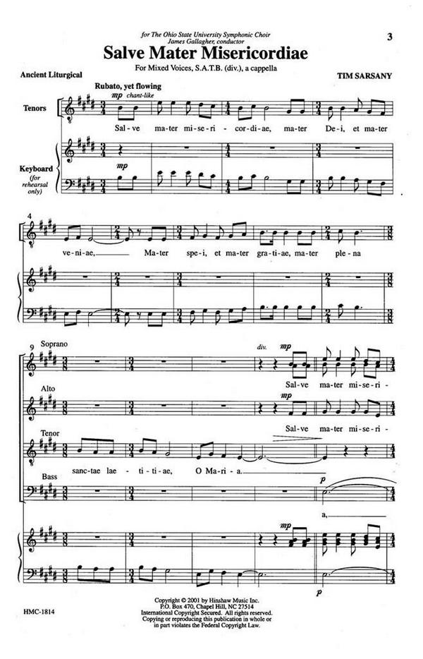 Tim Sarsany, Salve Mater Misericordiae&nbsp;&nbsp;SATB Divisi a Cappella&nbsp;&nbsp;Chorpartitur