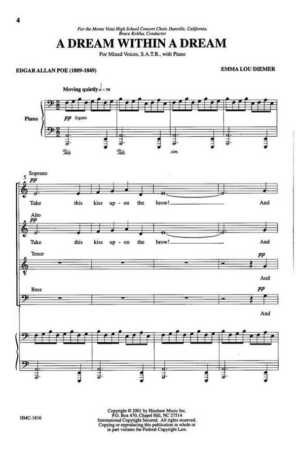 Emma Lou Diemer, A Dream Within A Dream&nbsp;&nbsp;SATB, Piano&nbsp;&nbsp;Chorpartitur