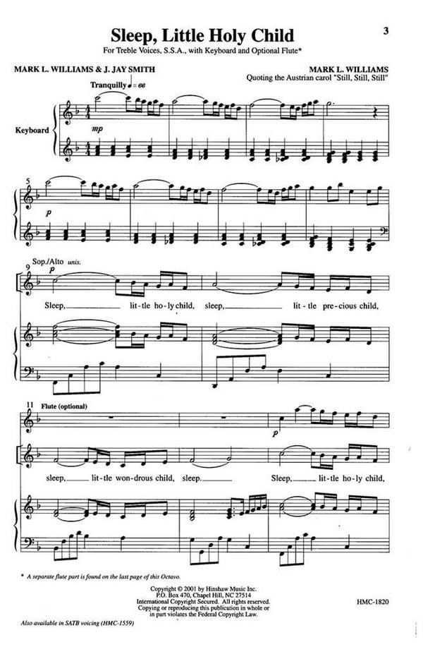 Mark L. Williams, Sleep, Little Holy Child&nbsp;&nbsp;SSA, Keyboard and Flute&nbsp;&nbsp;Chorpartitur