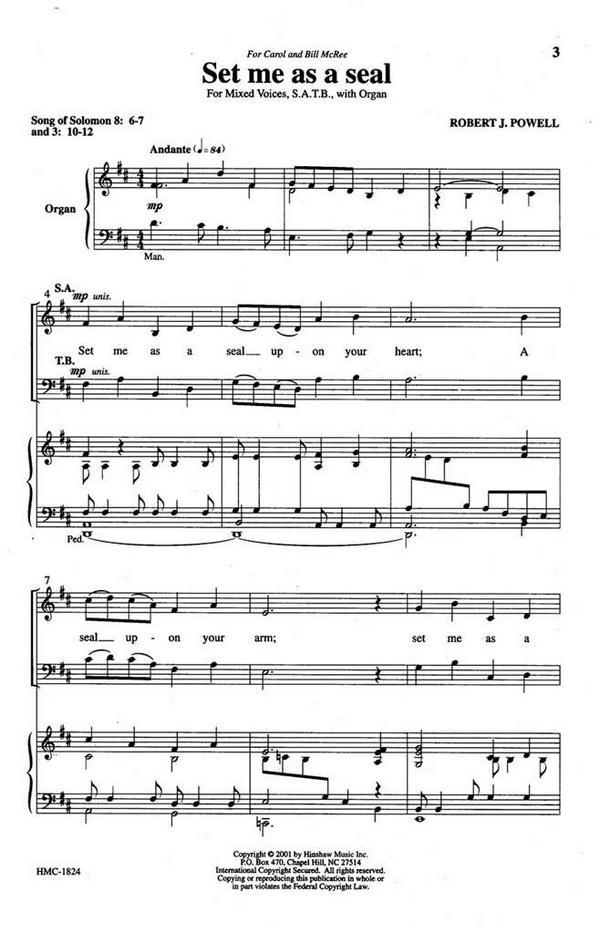 Robert Powell, Set Me As A Seal&nbsp;&nbsp;SATB and Organ&nbsp;&nbsp;Chorpartitur