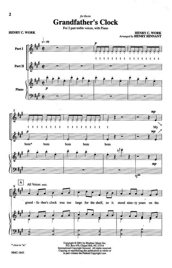 Henry C. Work, Grandfather's Clock&nbsp;&nbsp;2-Part, SA, Piano&nbsp;&nbsp;Chorpartitur