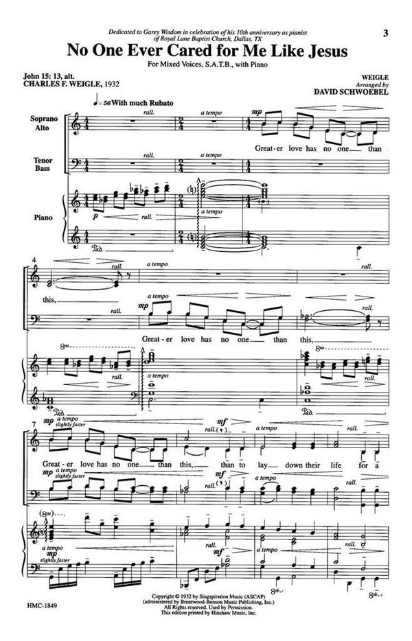 Charles F. Weigle, No One Ever Cared For Me Like Jesus&nbsp;&nbsp;SATB and Keyboard&nbsp;&nbsp;Chorpartitur